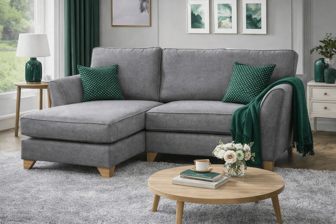 Light grey sectional sofa with emerald accents