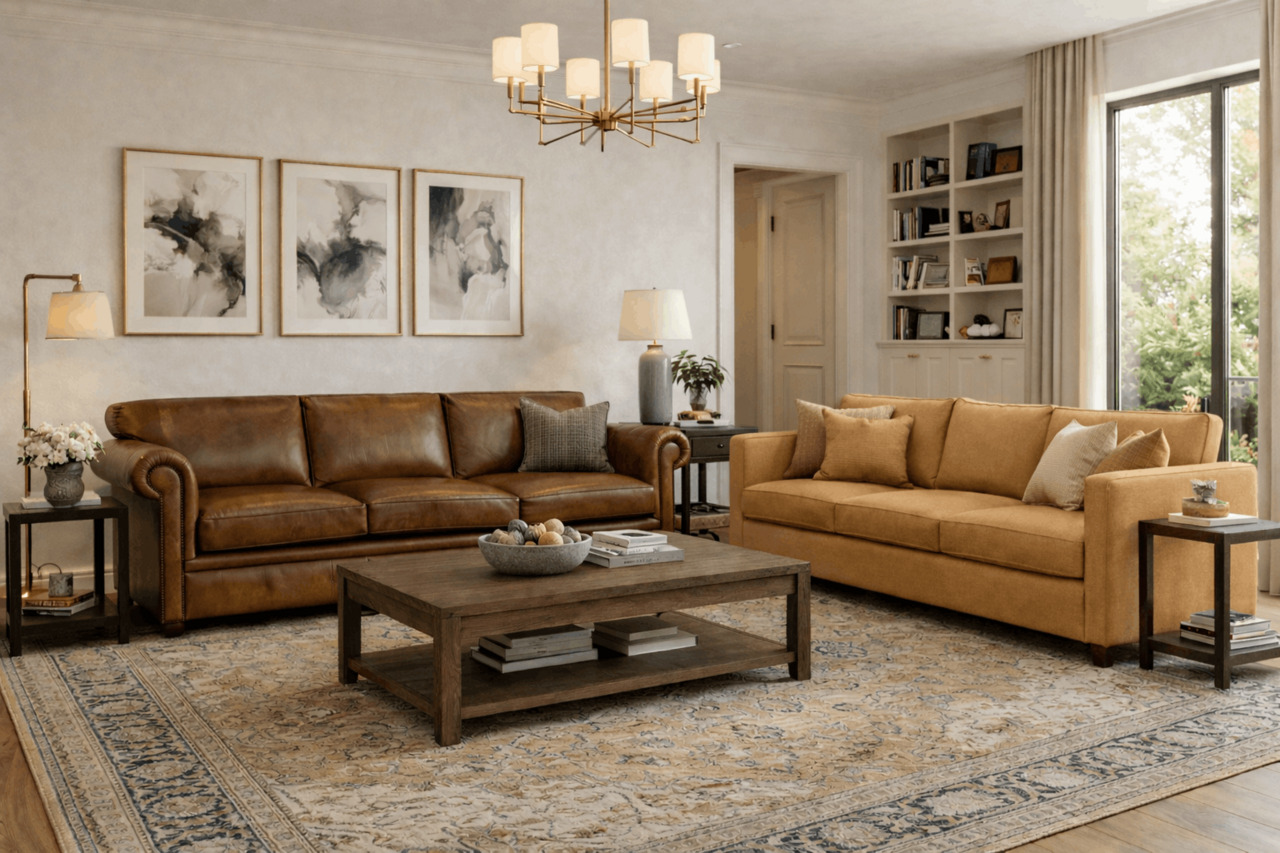 Living room with brown leather sofa and tan fabric sofa combination