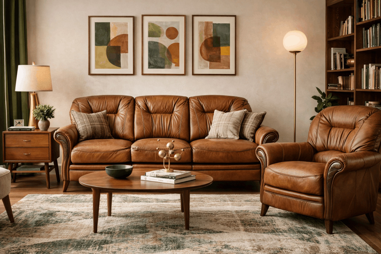 Mid-century inspired living room with tan leather sofa and matching armchair