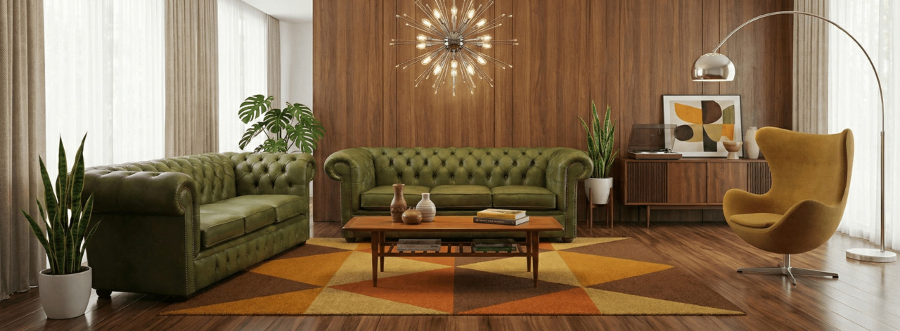 Mid-century modern living room with green leather Chesterfield sofas and wooden accents