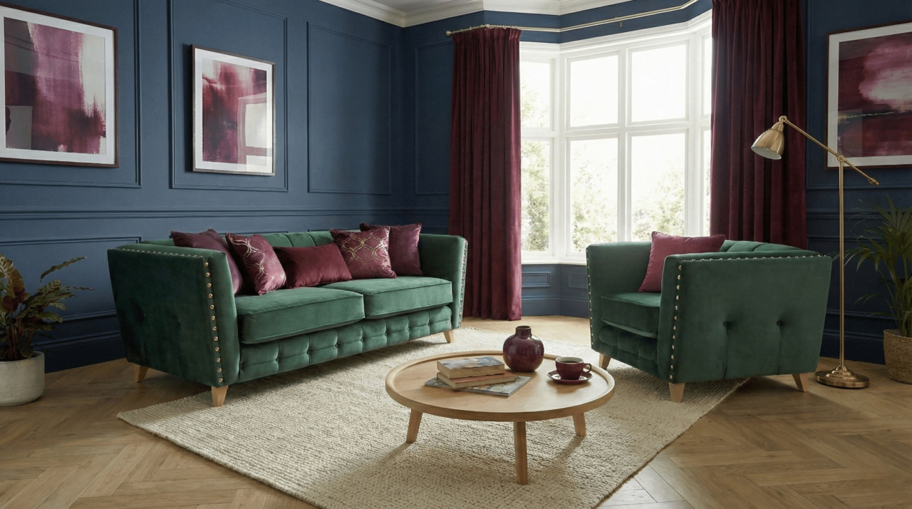 Modern emerald green sofa and armchair in a navy living room with burgundy curtains
