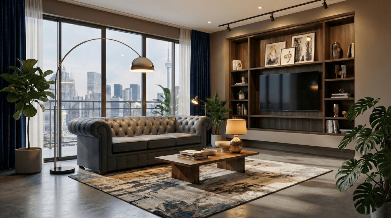 Modern living room with a grey sofa and ambient lighting