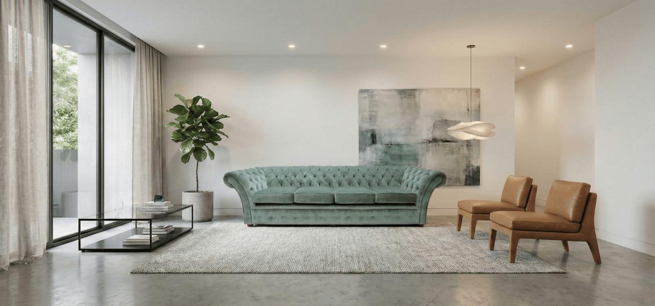 Modern luxe living room with a green Chesterfield sofa, abstract artwork and neutral tones