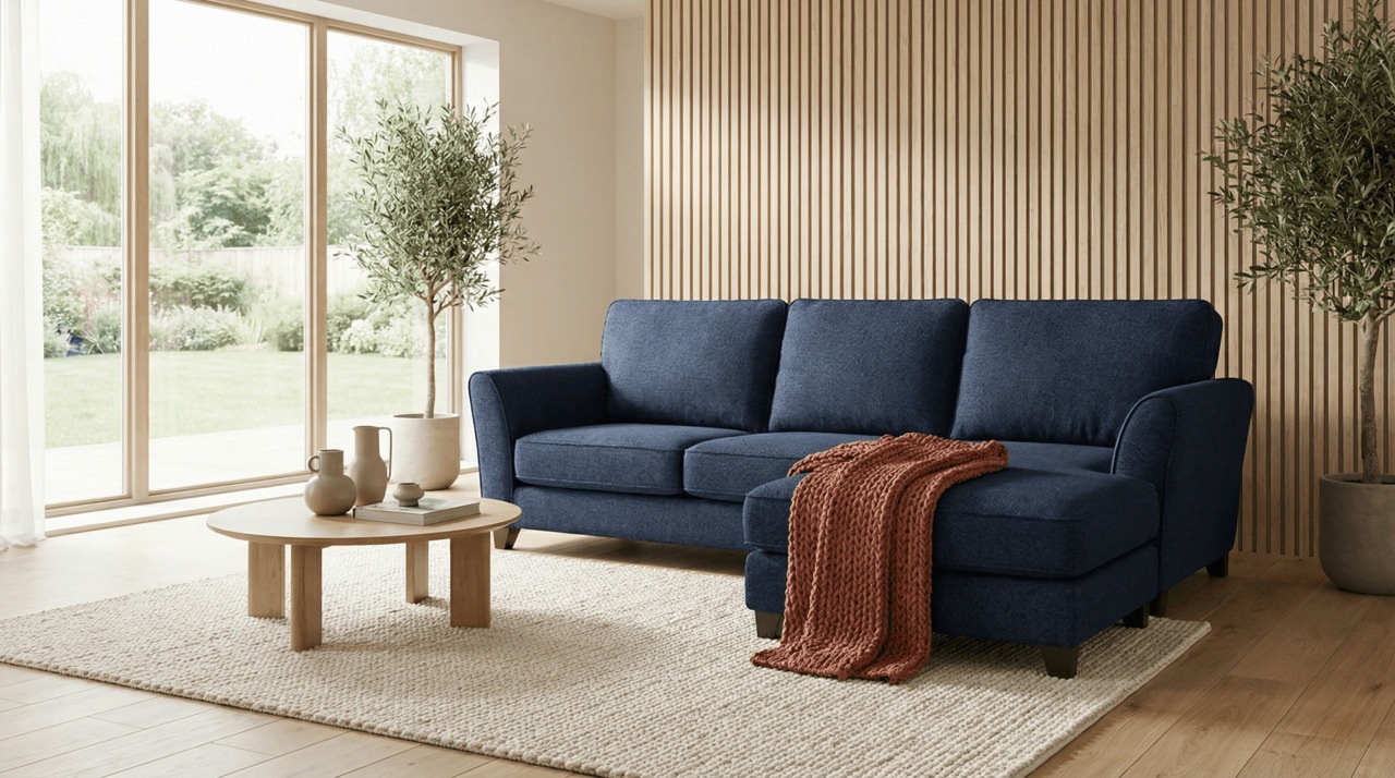 Navy blue corner sofa with accent throw in bright minimal room