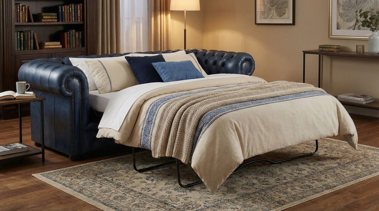 Navy leather Chesterfield sofa bed open with cream bedding