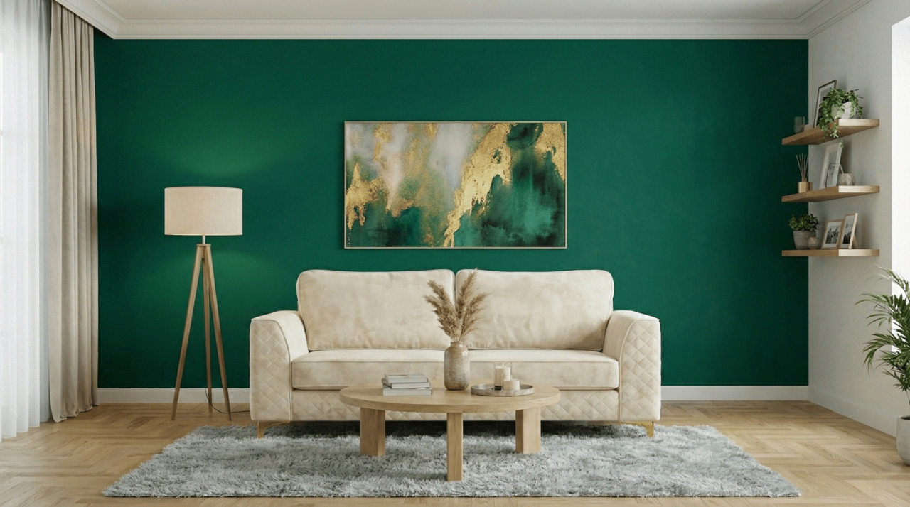 Neutral sofa against an emerald green accent wall with gold artwork