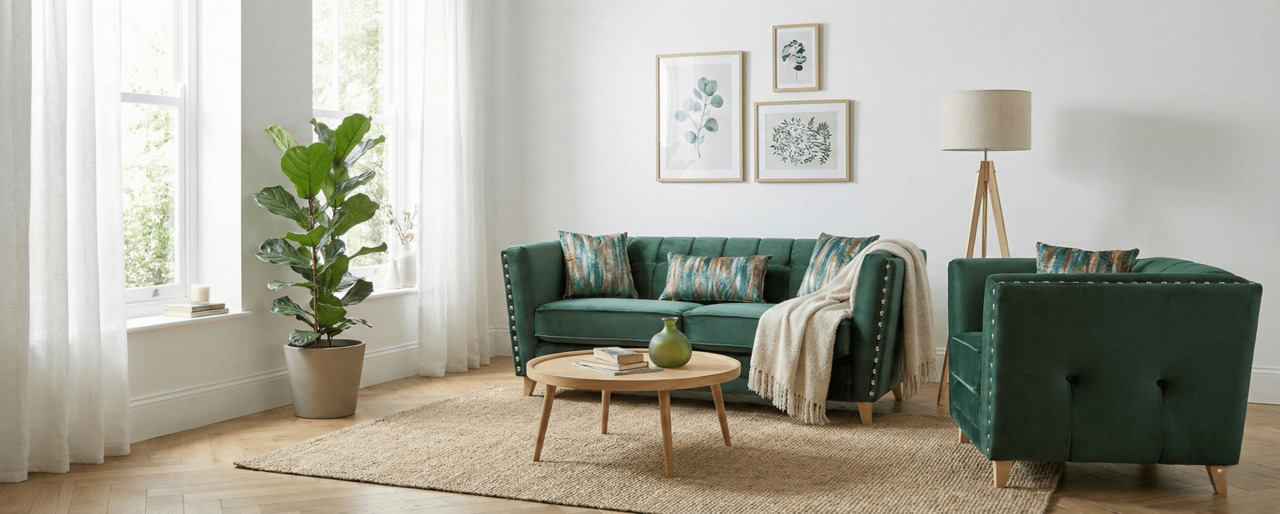 Scandinavian-style living room with a green sofa and natural decor elements