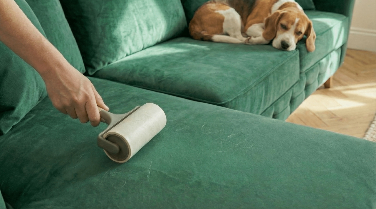 Sofa cleaning at home using a lint roller for pet hair