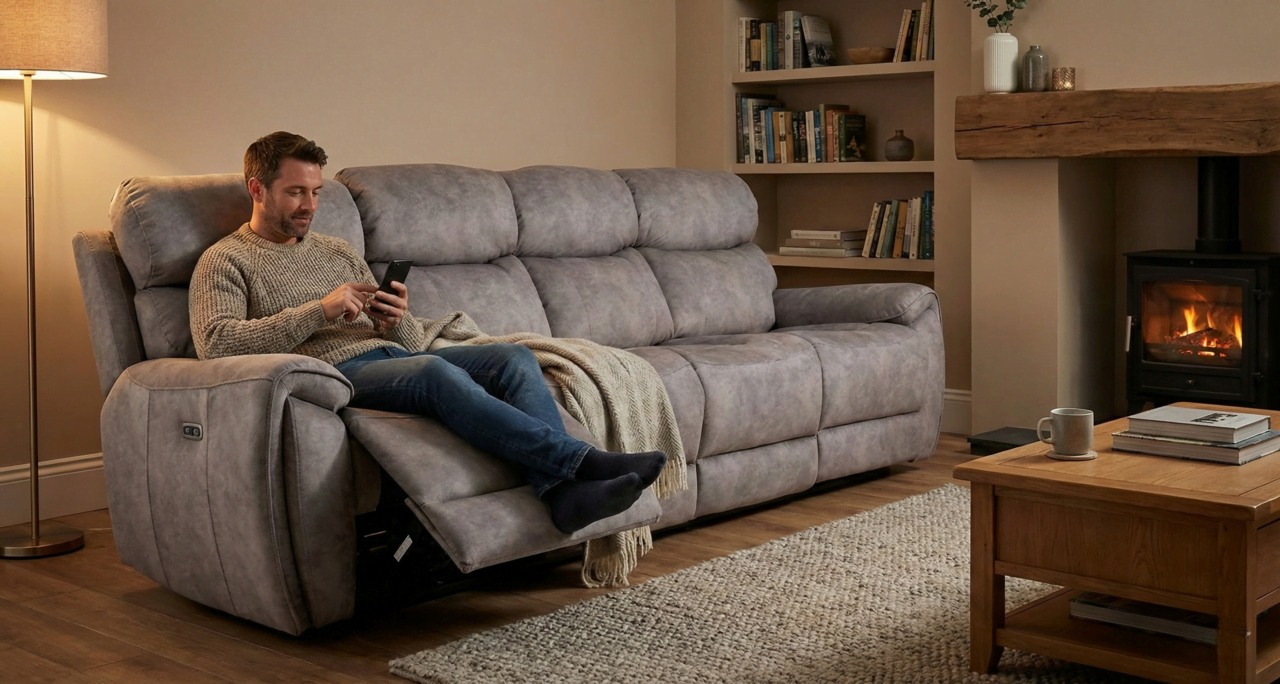 Soft Grey Recliner Sofa with Cosy Throw