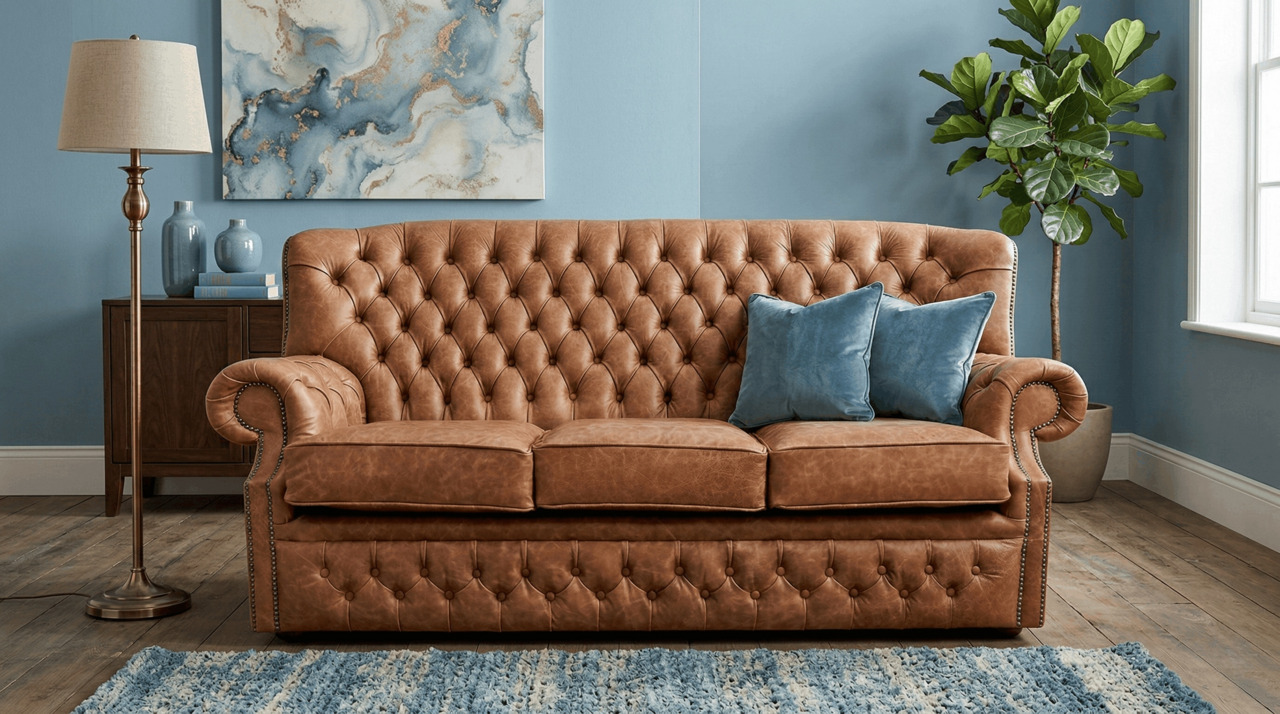 Tan chesterfield sofa against blue wall with modern artwork