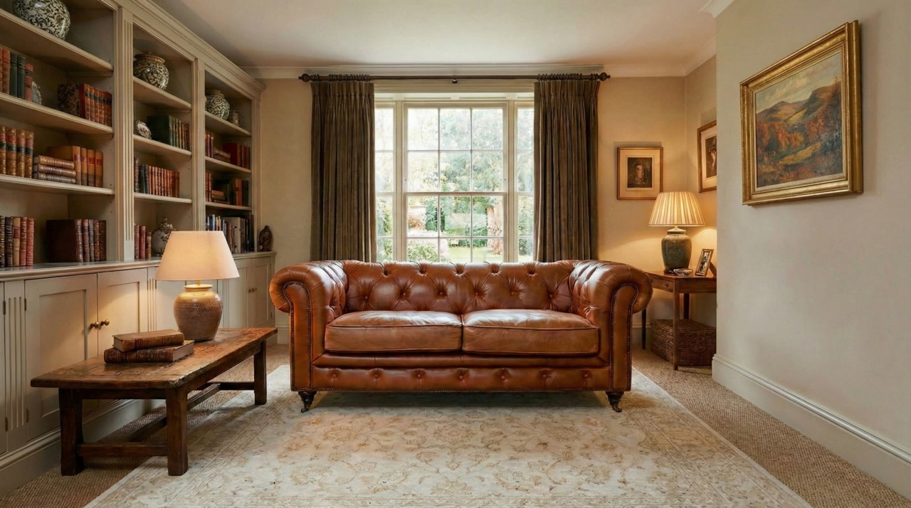 Tan Chesterfield sofa with warm beige walls, green curtains, and a cream rug