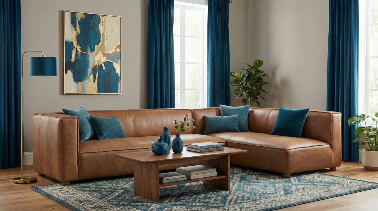 Tan corner sofa with light grey walls and a teal-blue rug