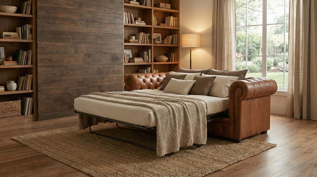 Tan leather Chesterfield sofa bed open with pull-out mechanism in cosy room