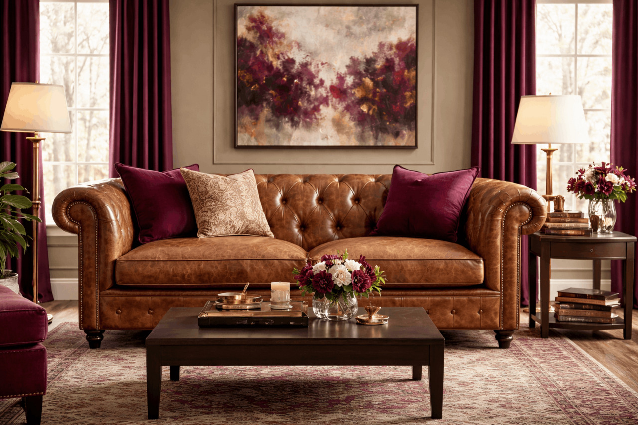 Tan leather sofa with burgundy accents and abstract art in elegant living room
