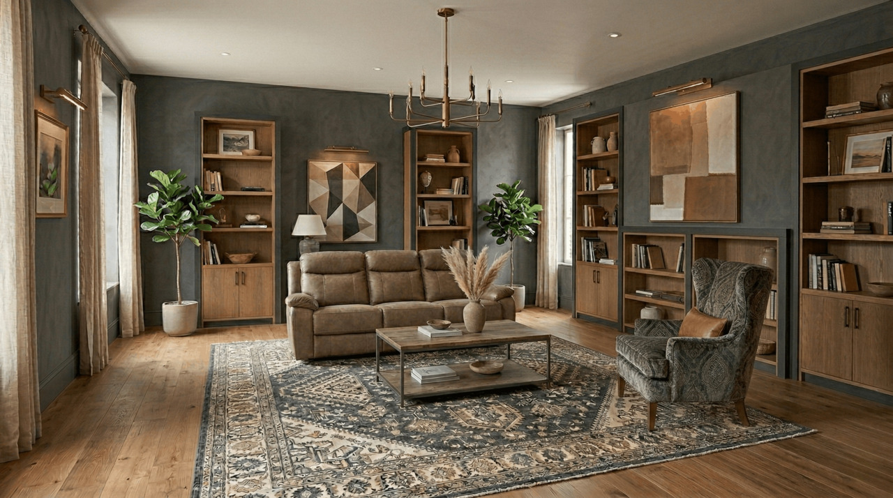 Tan sofa in moody modern living room with built-in shelves