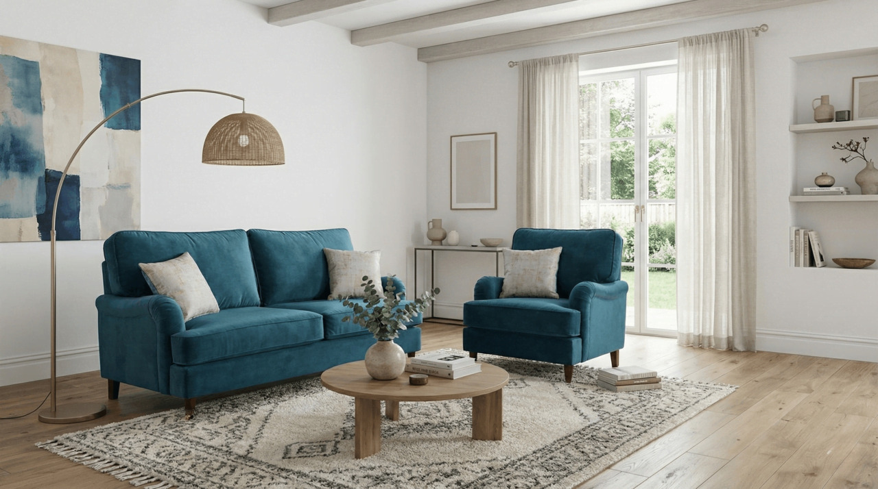 Teal blue sofa and armchair in bright neutral living room