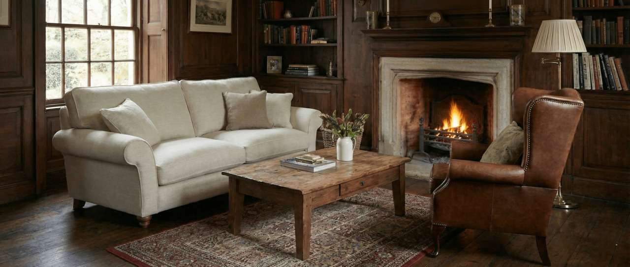 Traditional living room with a beige fabric sofa and brown leather armchair