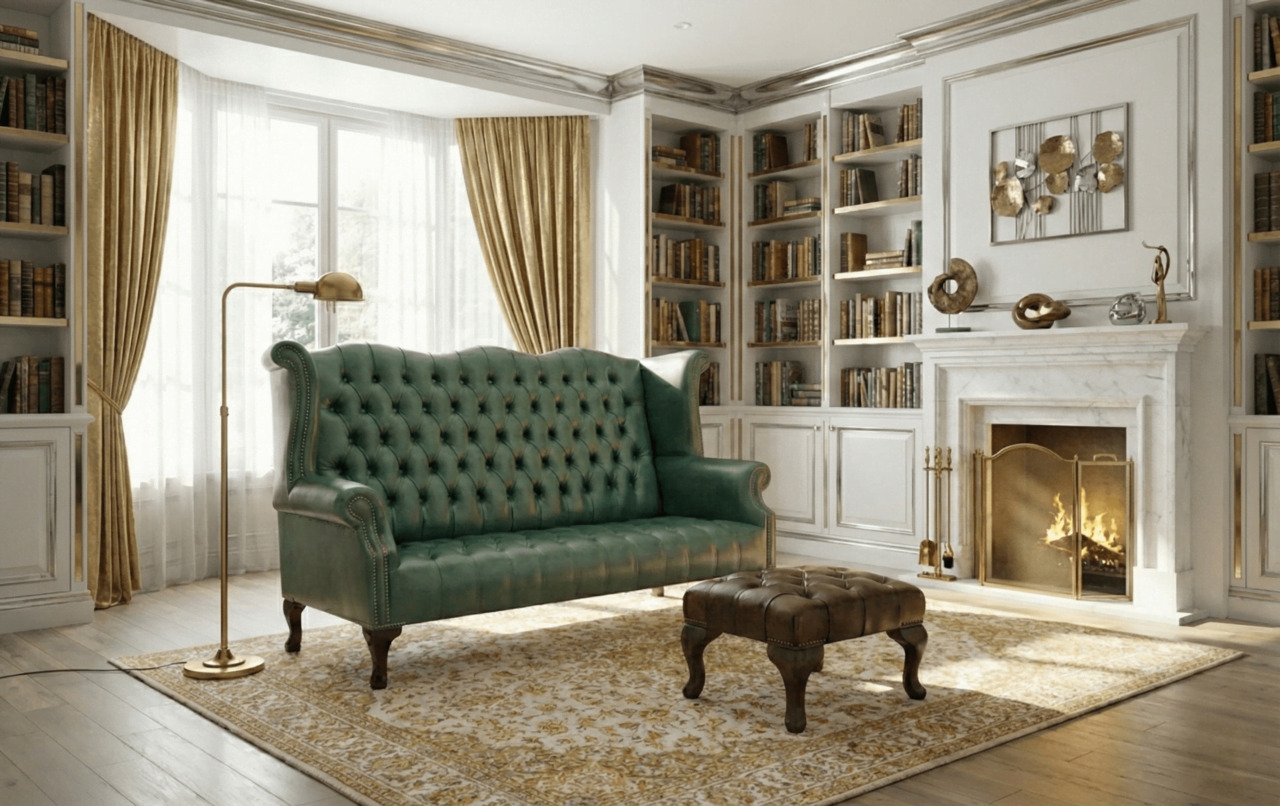 Traditional living room with a green high-back Chesterfield sofa and classic bookshelf walls