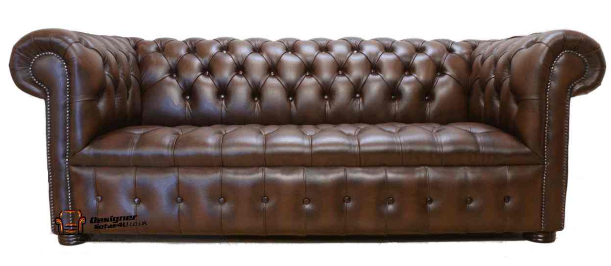 chesterfield 3 seater buttoned seat brown leather