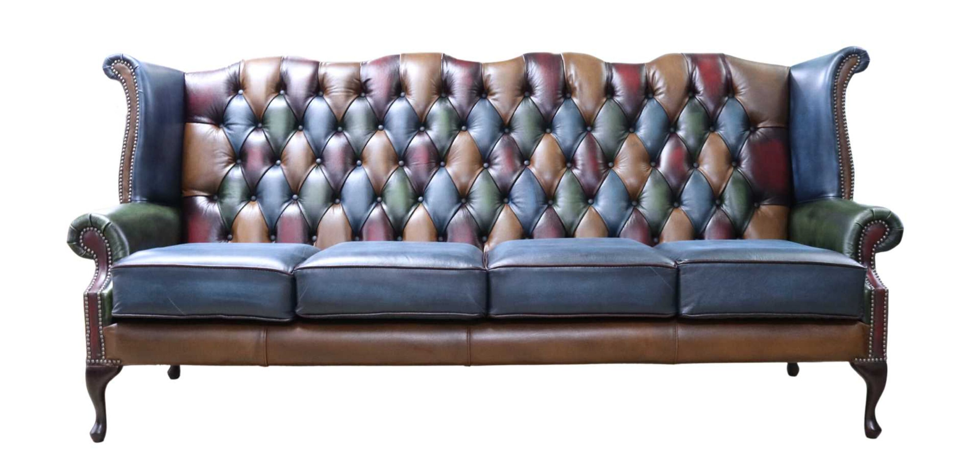 chesterfield 4 seater queen anne high back wing sofa antique patchwork leather