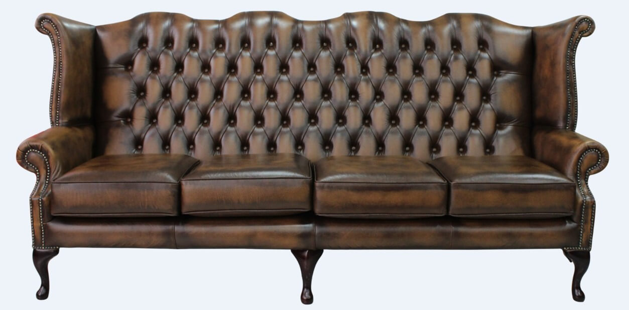 chesterfield 4 seater queen anne high back wing sofa antique tan leather