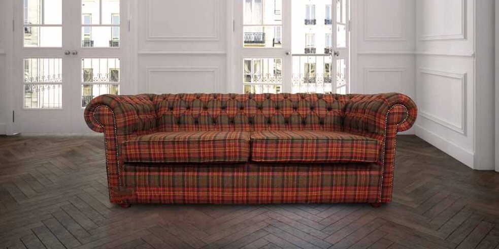 chesterfield arnold wool 3 seater sofa settee tweed sandringham mandarin check fabric