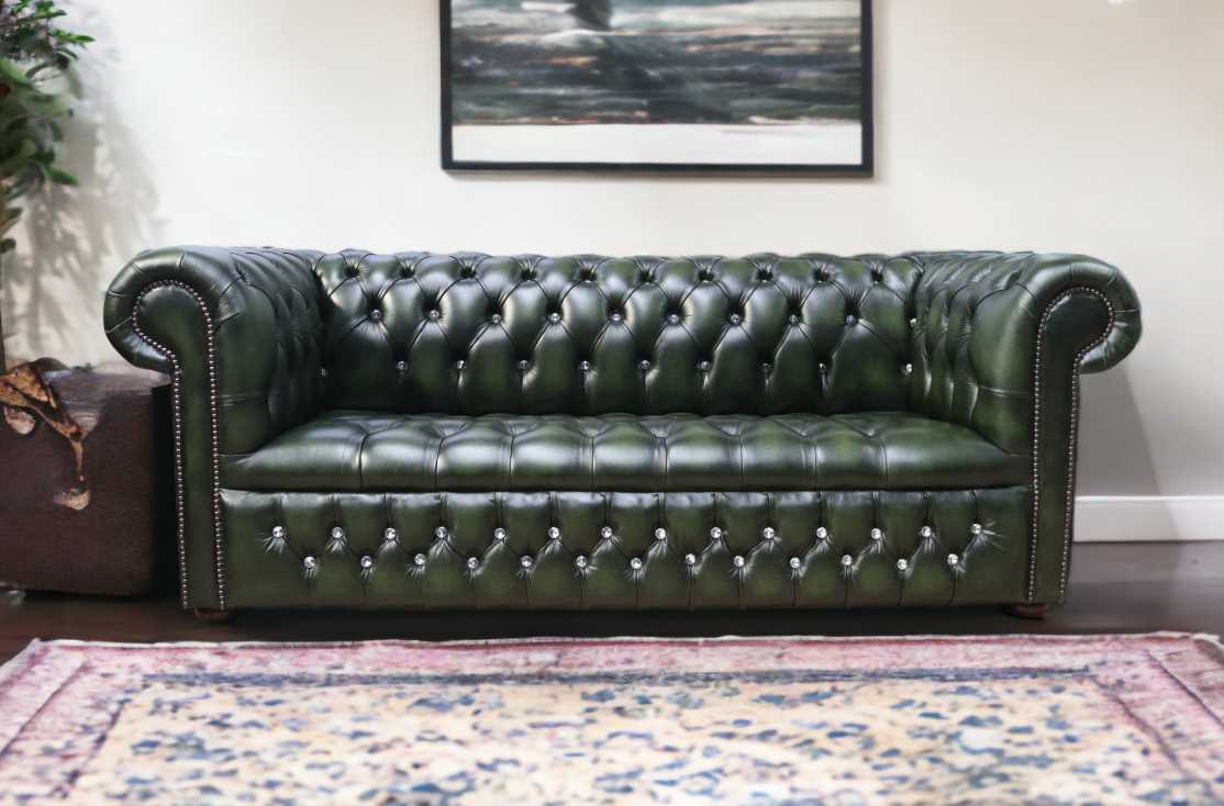 chesterfield crystallized diamond green leather sofa