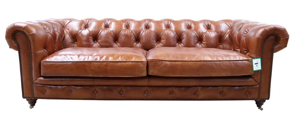 earle chesterfield grande tan leather sofa