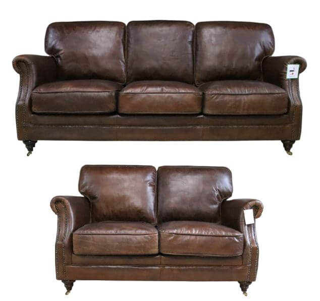 luxury vintage distressed leather 3 2 seater settee sofa suite brown