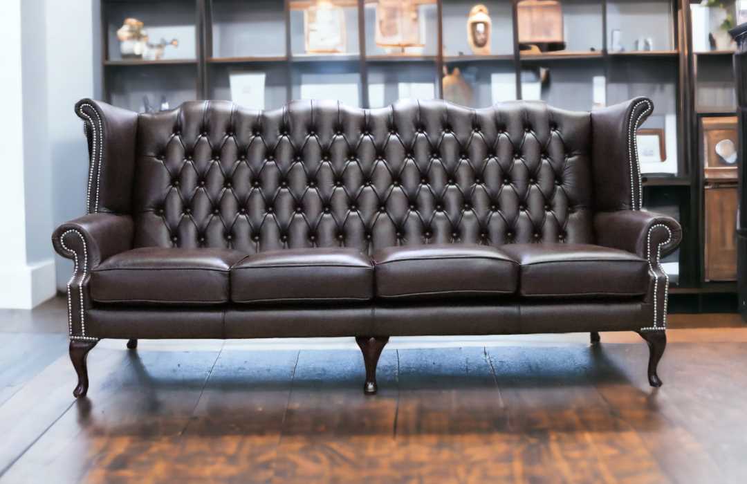 4 seater queen anne high back wing sofa antique brown leather