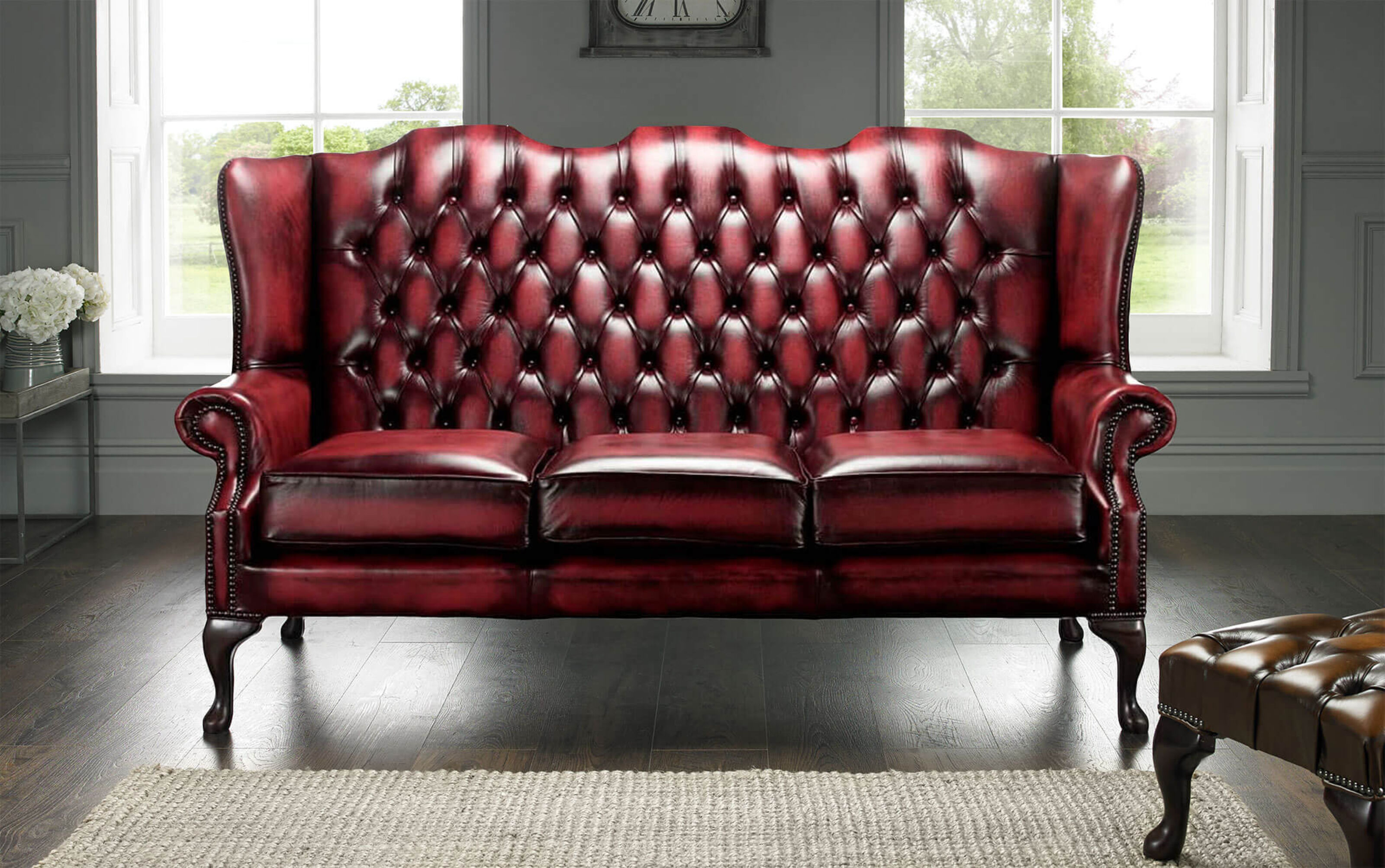 chesterfield 3 seater mallory queen anne high back wing sofa chair antique oxblood leather