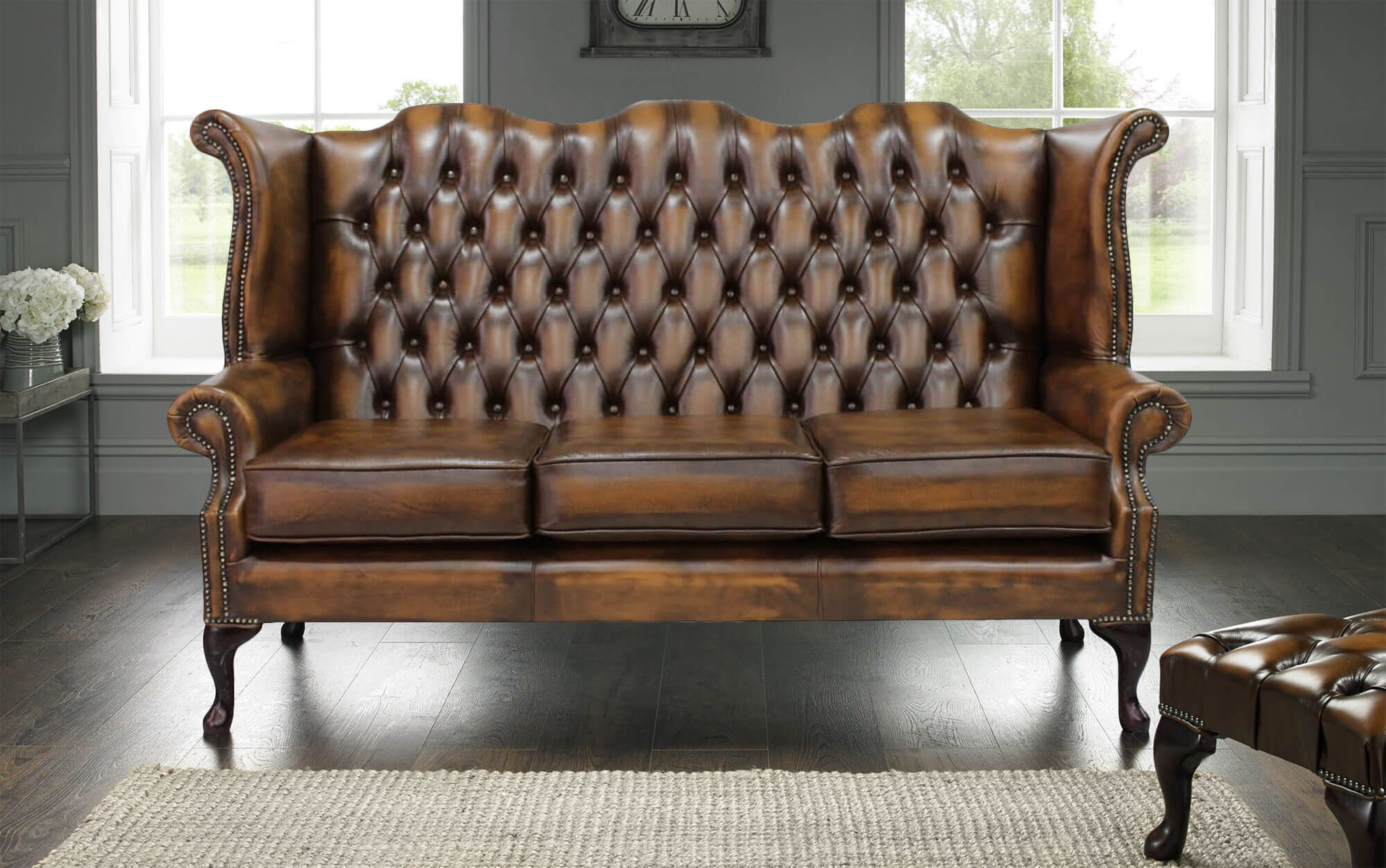 chesterfield 3 seater queen anne highback sofa antique tan