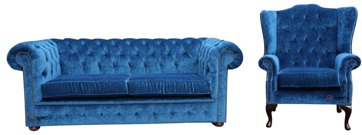 chesterfield velluto royal blue sofa suite 2 piece