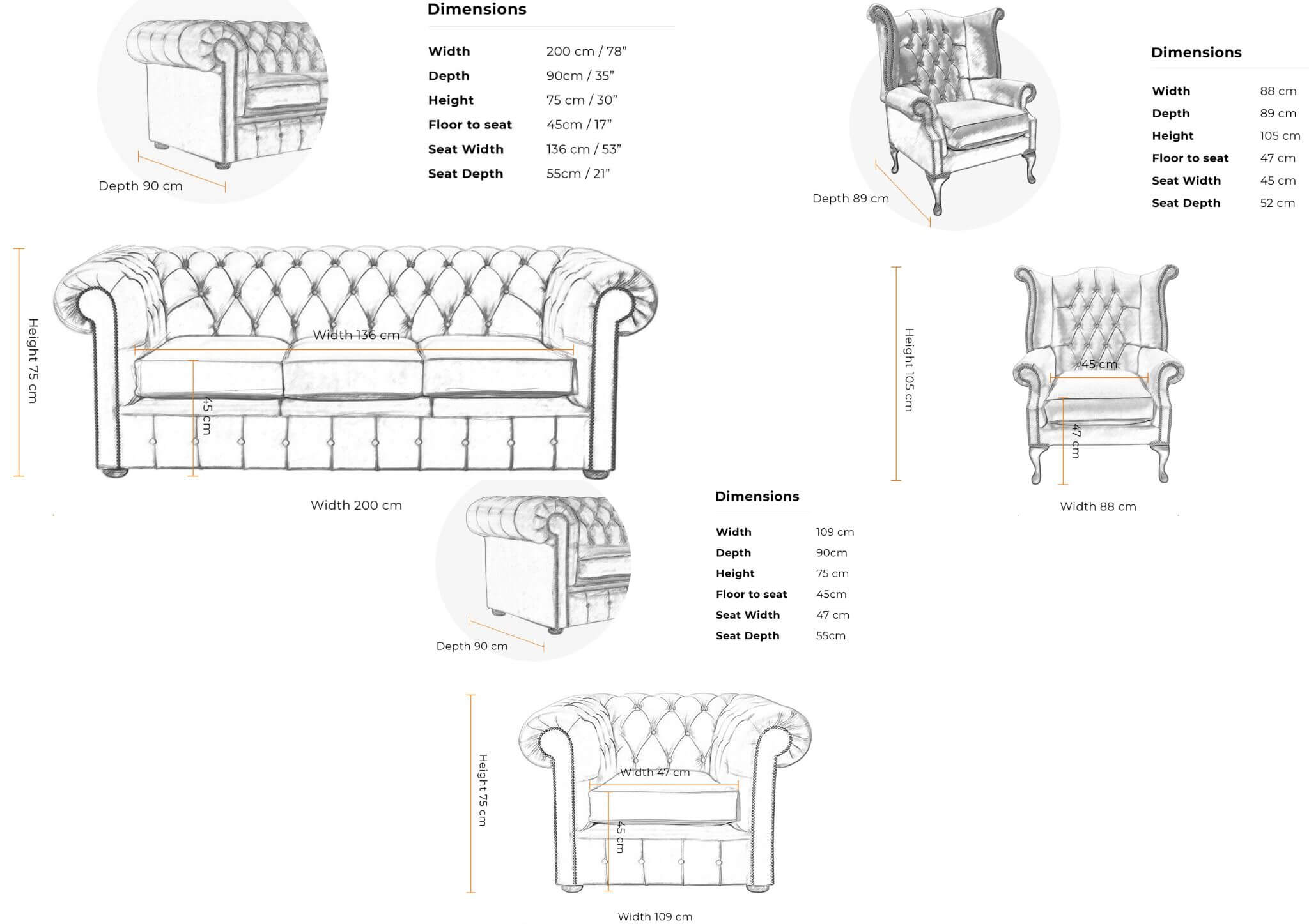 Chesterfield 3 Seater + Queen Anne Chair + Club Chair
