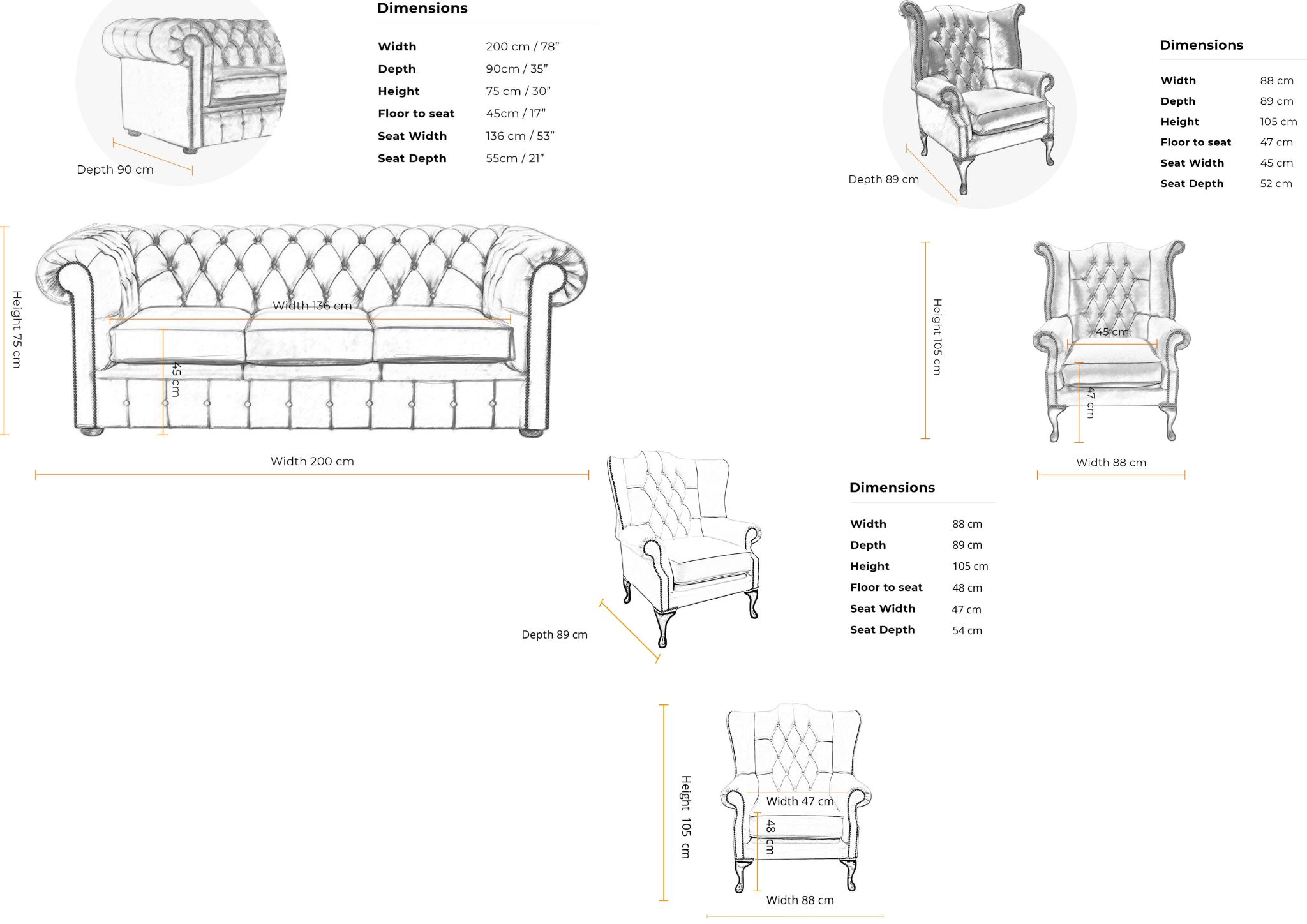 Dimension 3 Seater Sofa + Mallory Wing Chair + Queen Anne