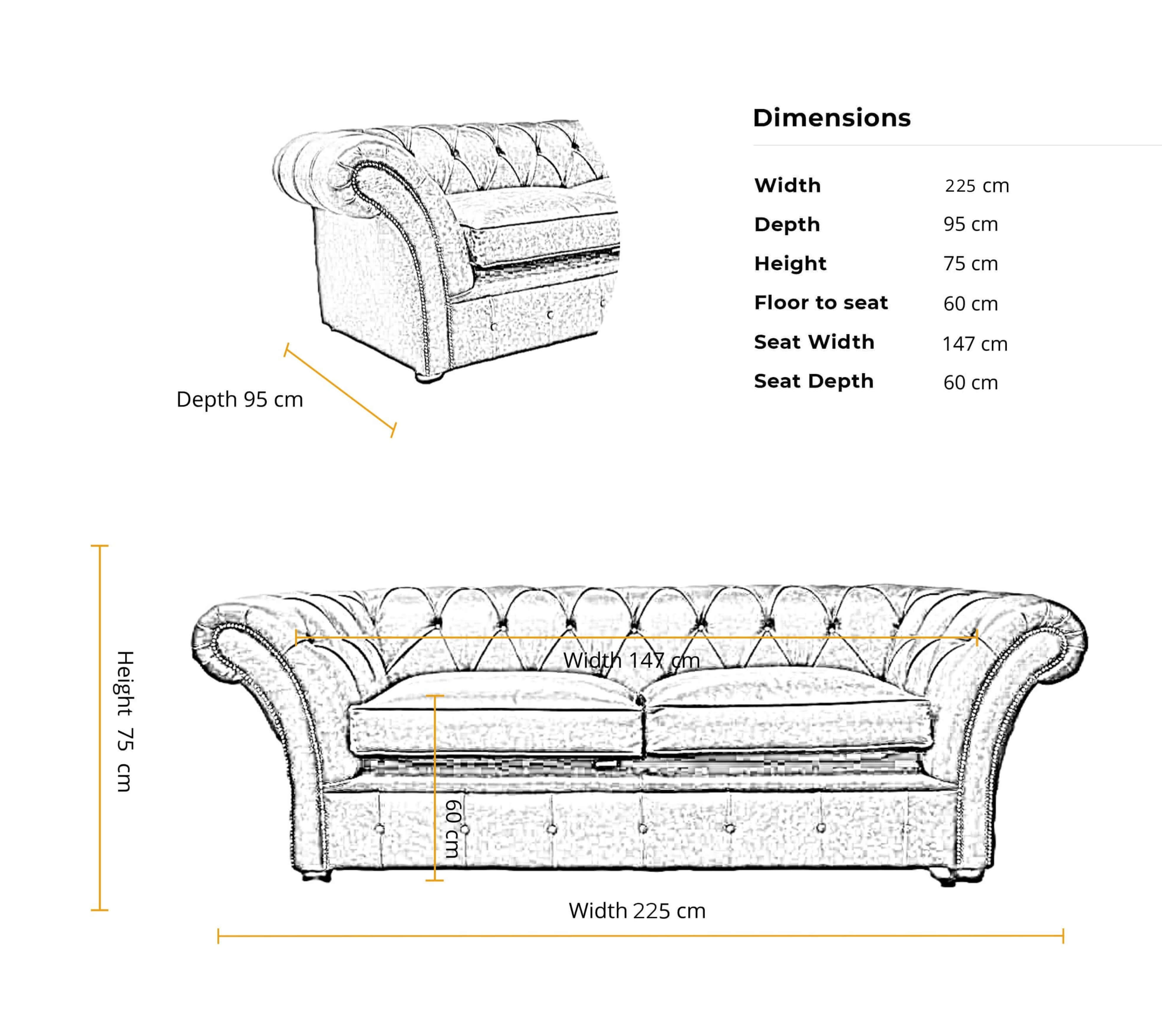 dimensions 3 seater duchess classic chesterfield sofa