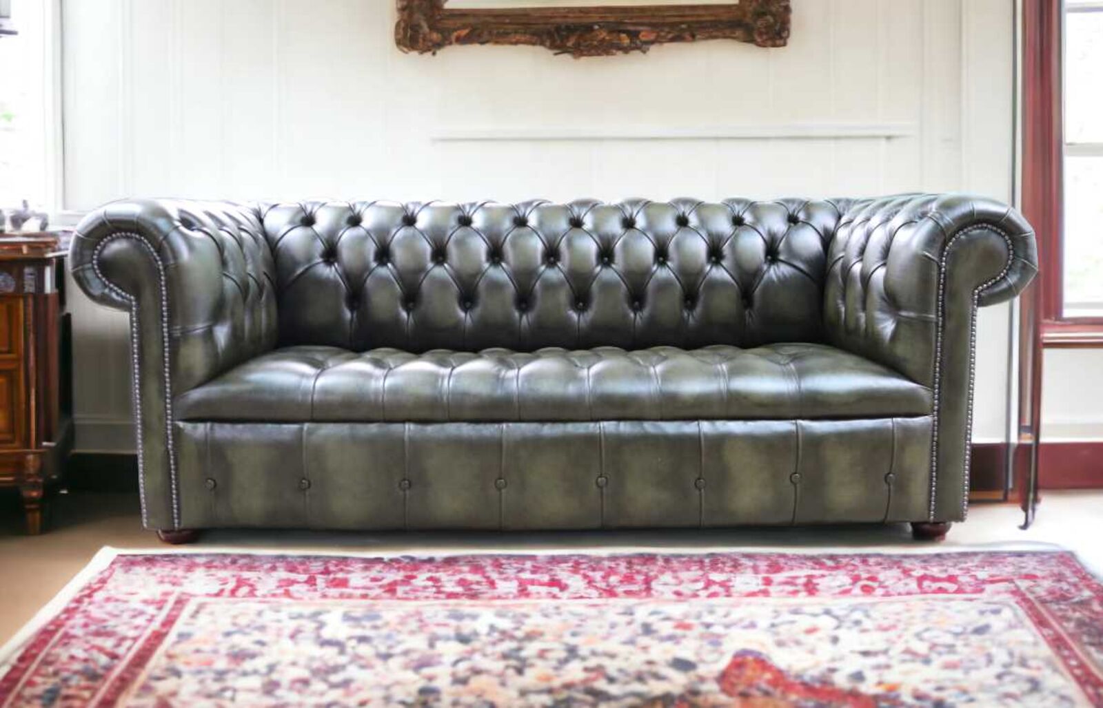 Product photograph of 3 Seater Chesterfield Buttoned Seat Sofa Antique Olive Leather from Designer Sofas 4U