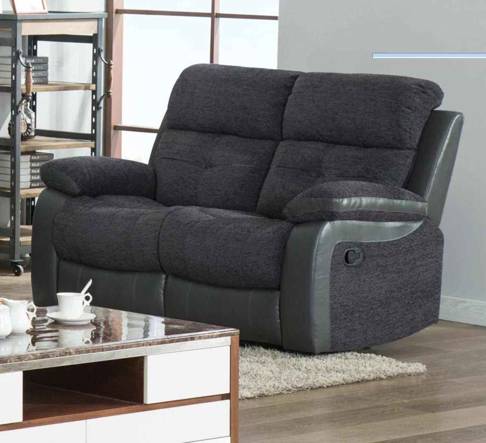 Product photograph of Holden 2 Seater Sofa Reclining Dark Grey Fabric And Leather from Designer Sofas 4U