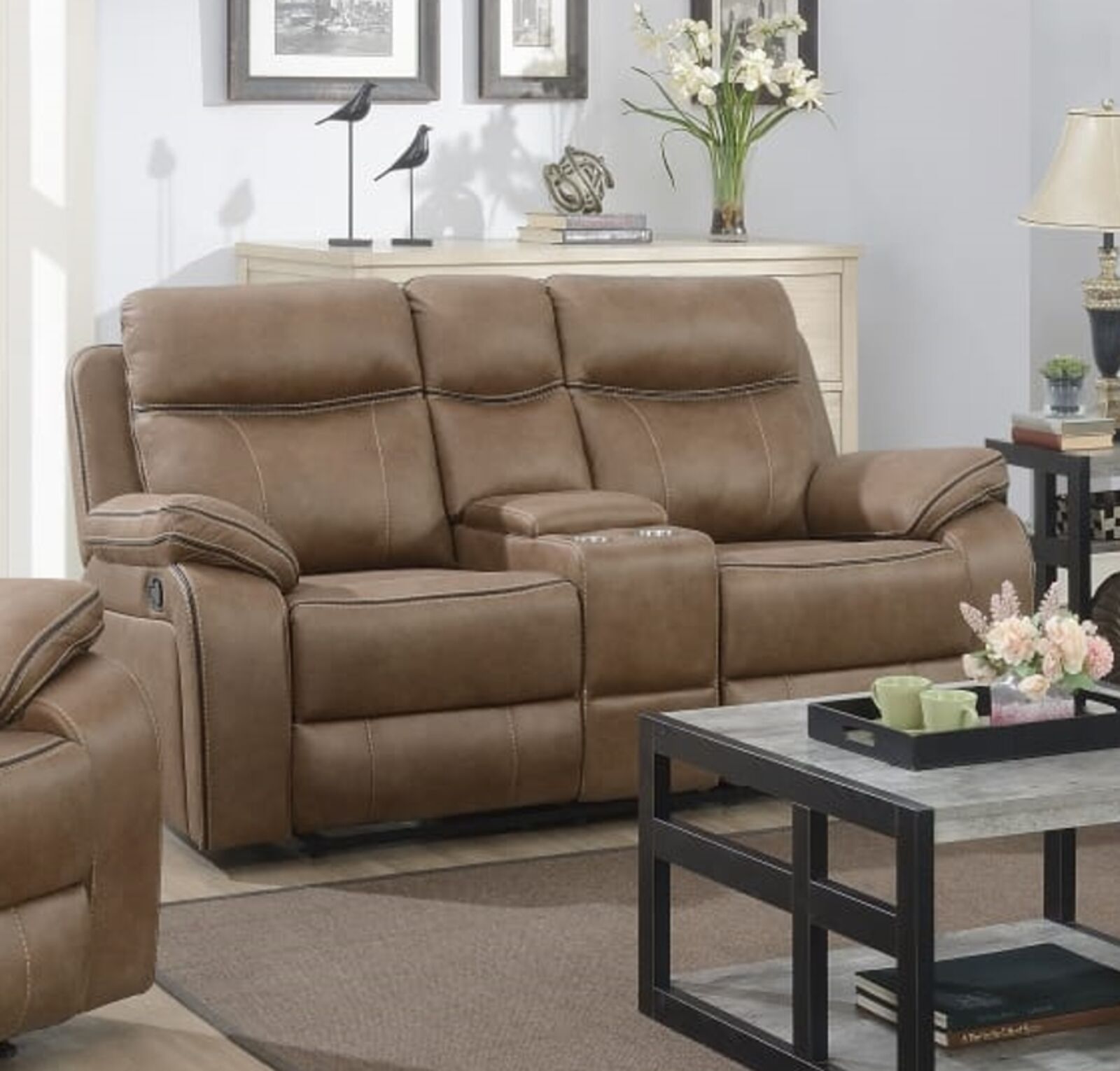 Product photograph of Jacob 2 Seater Reclining Cinema Console Sofa Tan from Designer Sofas 4U