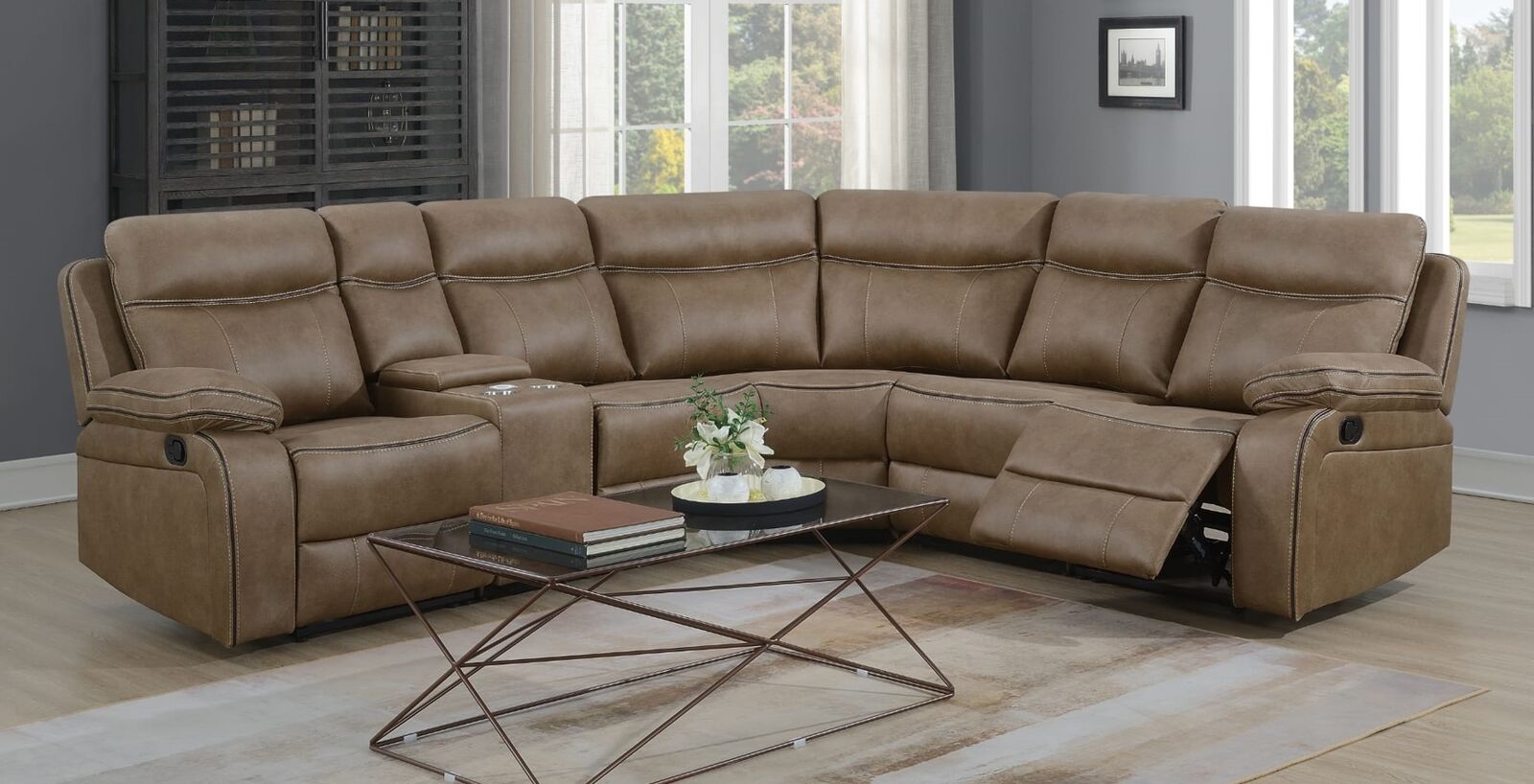 Product photograph of Jacob Reclining Corner Sofa Group Cinema Console 2c2 Tan Fabric from Designer Sofas 4U