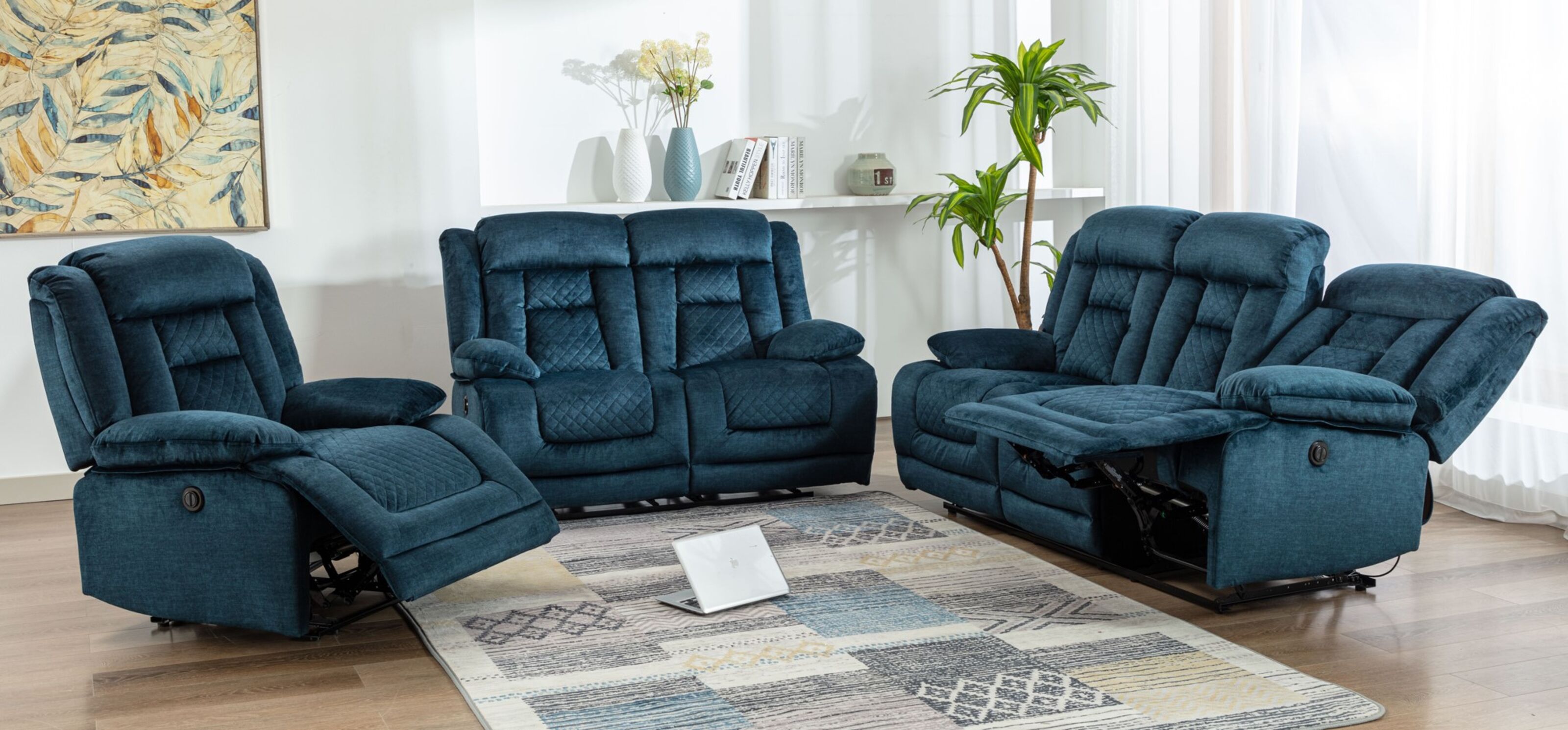 blue fabric recliner sofa