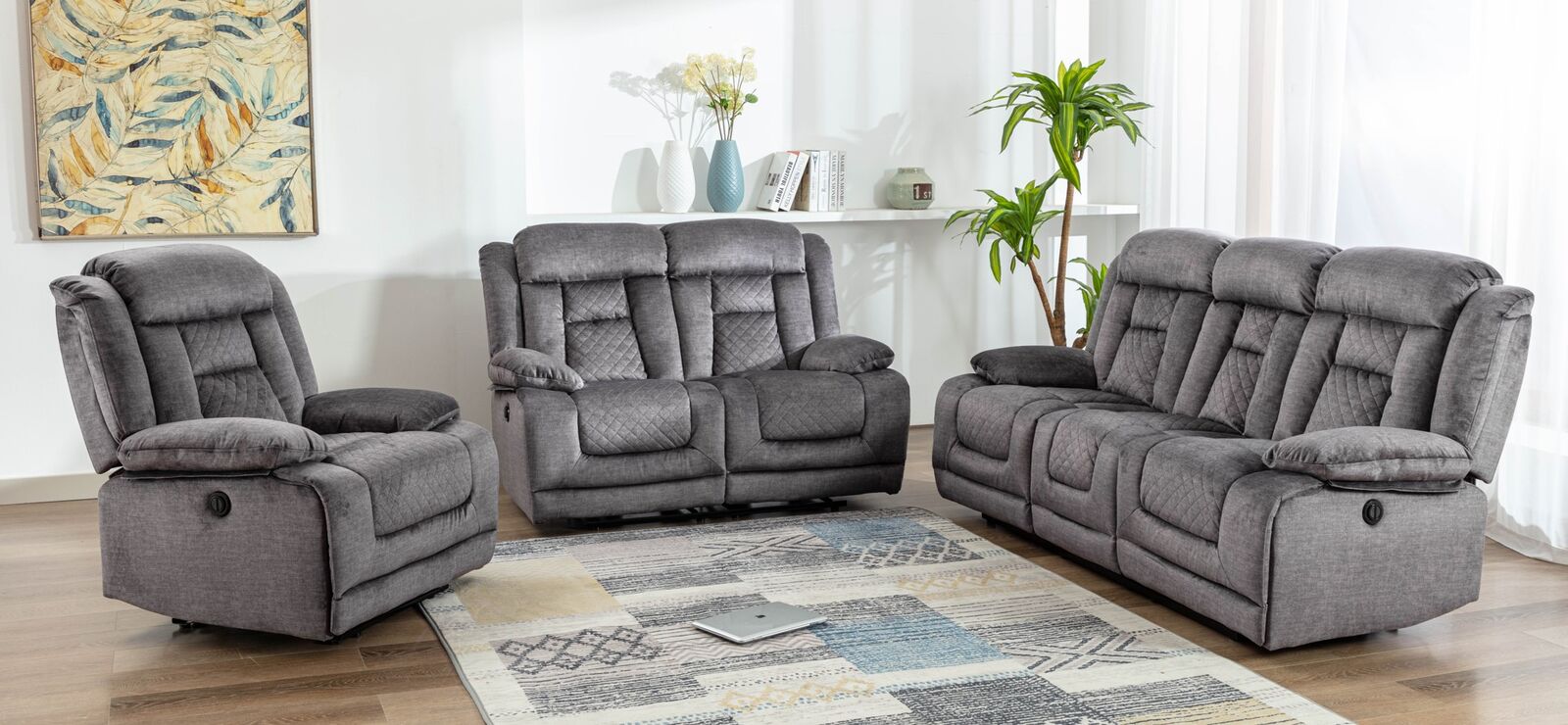 Product photograph of Kelly 3 2 1 Seats Graphite Grey Fabric Electric Recliner Sofa Suites from Designer Sofas 4U