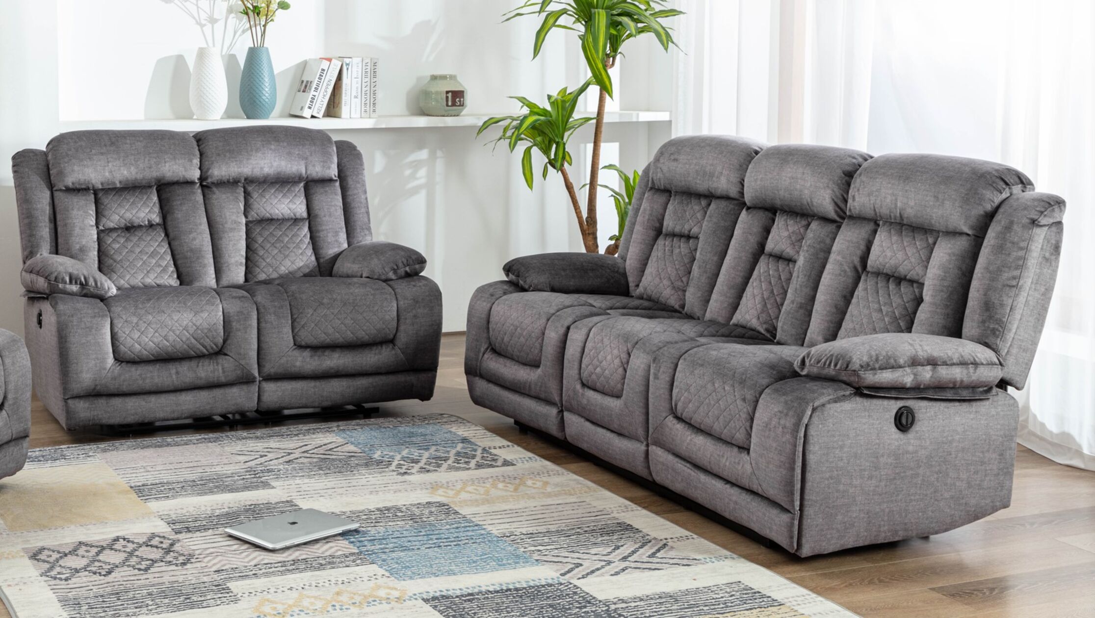 Kelly 3+2 Grey Fabric Electric Recliner Sofa Suite | Designer Sofas4u