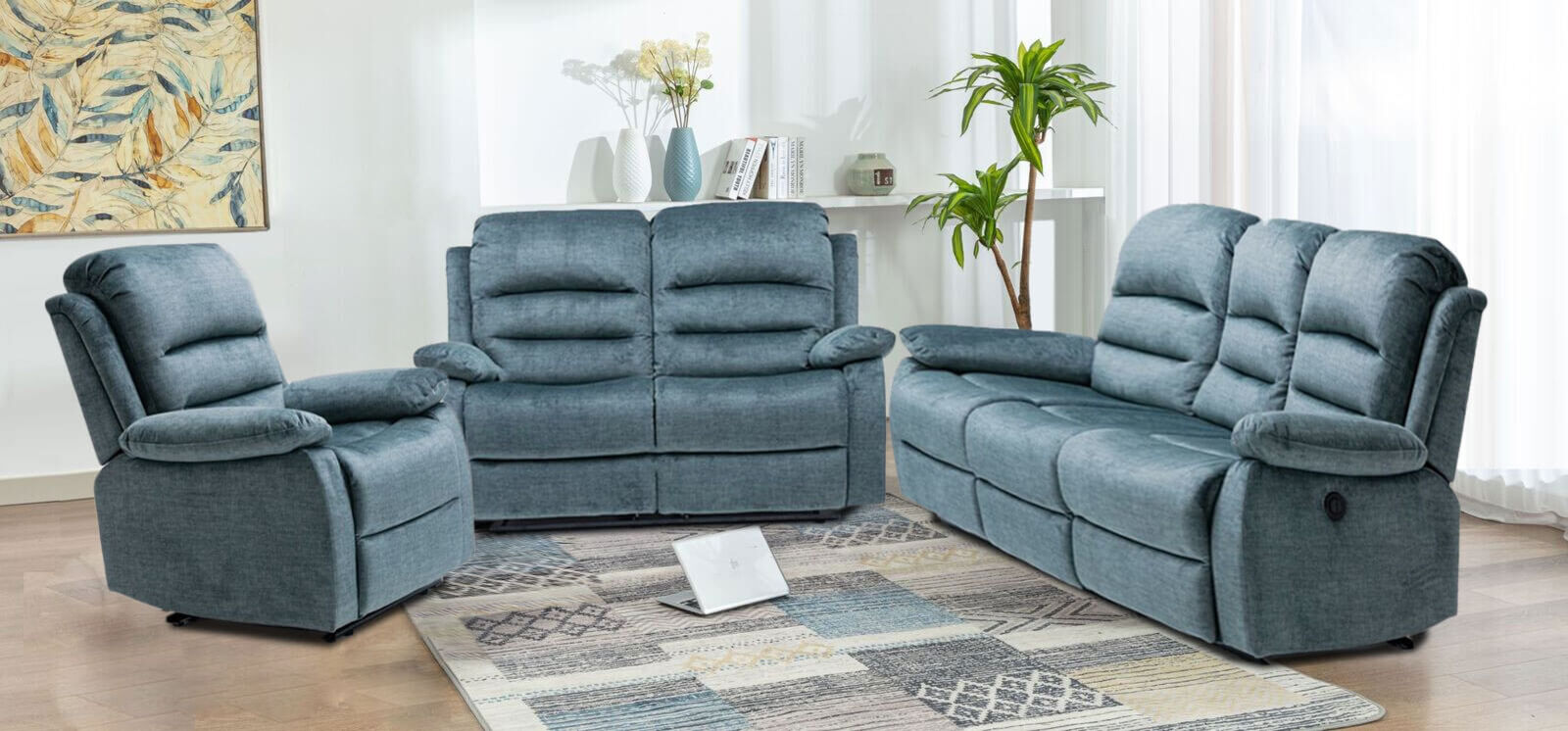 Product photograph of Kensley 3 2 1 Ocean Blue Fabric Recliner Sofa Suite from Designer Sofas 4U