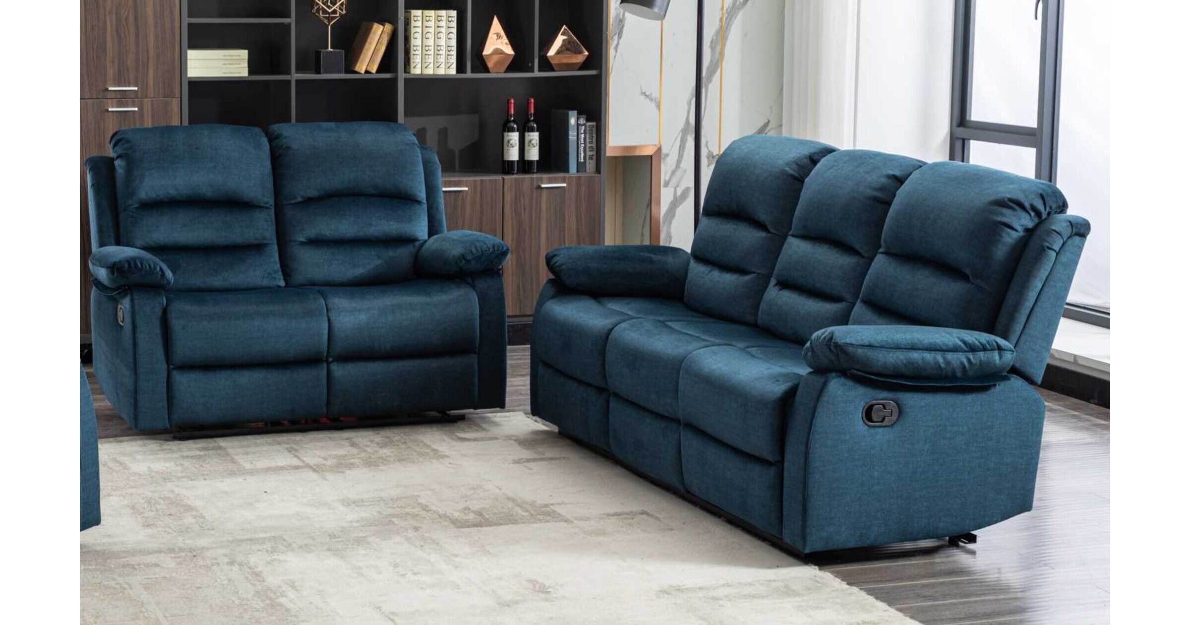 Kensley 3+2 Ocean Blue Fabric Recliner Sofa Suite | Designer Sofas4u