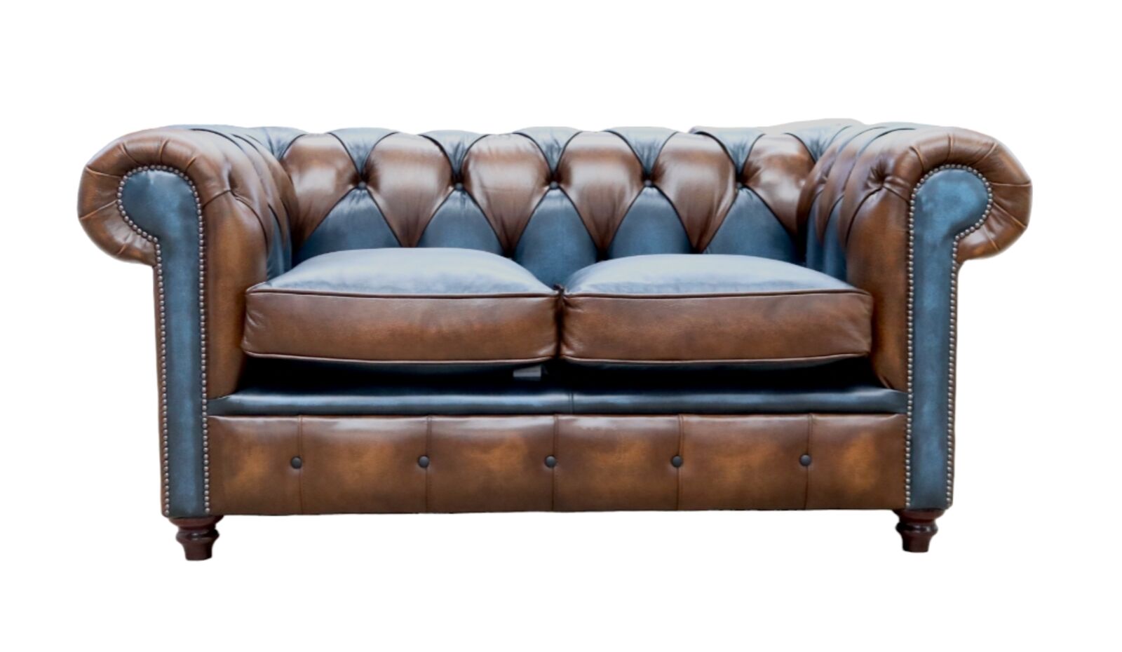 Product photograph of Duke Patchwork Heritage Chesterfield 2 Seater Sofa Settee Antique Tan Amp Blue Leather from Designer Sofas 4U