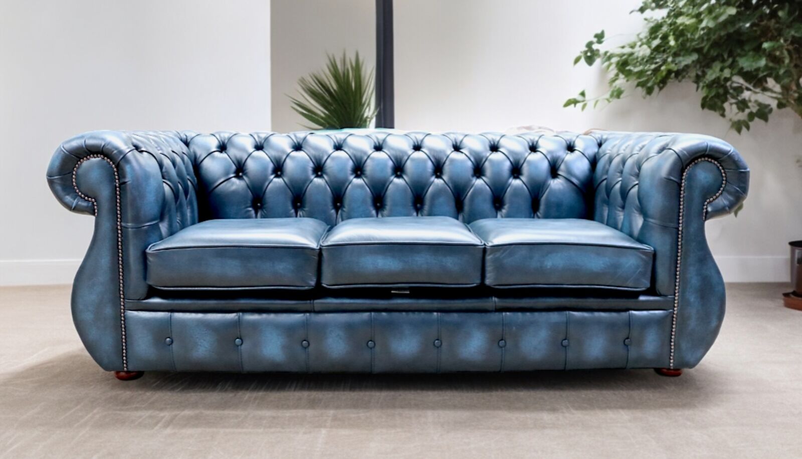 Product photograph of Chesterfield Kimberley 3 Seater Antique Blue Leather Sofa Offer from Designer Sofas 4U