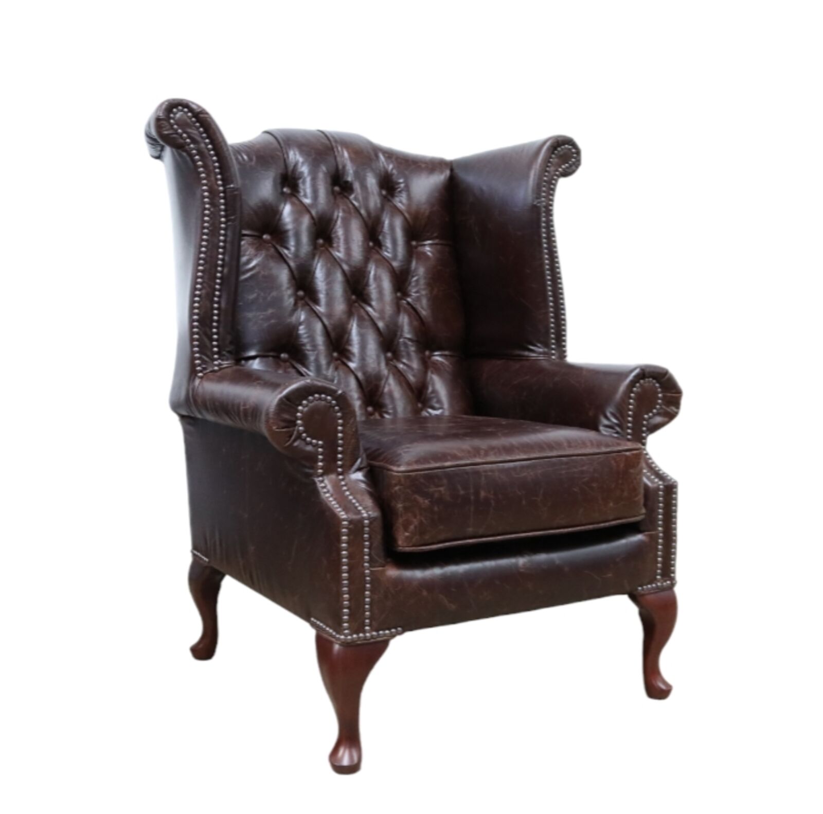 Product photograph of Chesterfield Queen Anne High Back Wing Chair Vintage Tudor Mahogany Leather from Designer Sofas 4U