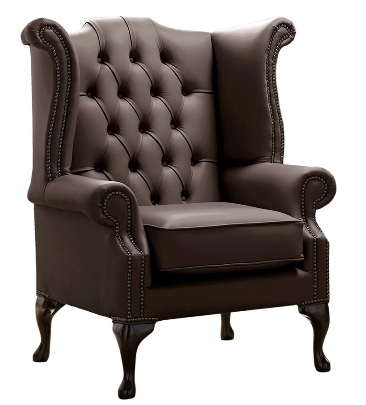 Product photograph of Chesterfield Queen Anne High Back Wing Chair Shelly Dark Chocolate Leather from Designer Sofas 4U