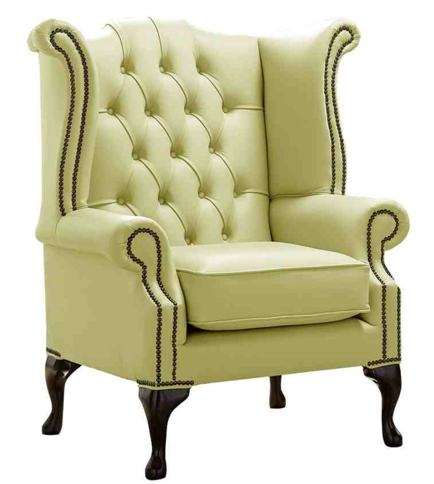 Product photograph of Chesterfield Queen Anne High Back Wing Chair Shelly Chartreuse Leather from Designer Sofas 4U